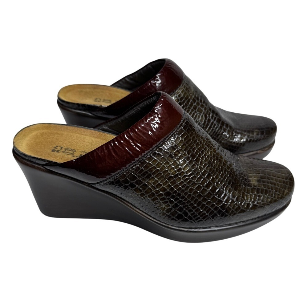 Naot Size 38 US 7 Brown Wedge Clogs Patent‎ Leather Snake Print